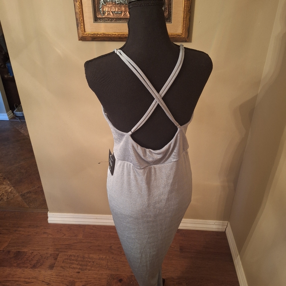 Lulu's Elegant Silvery Sage Ruched Deep V Cocktail Gown Show Ur Curves! Large
